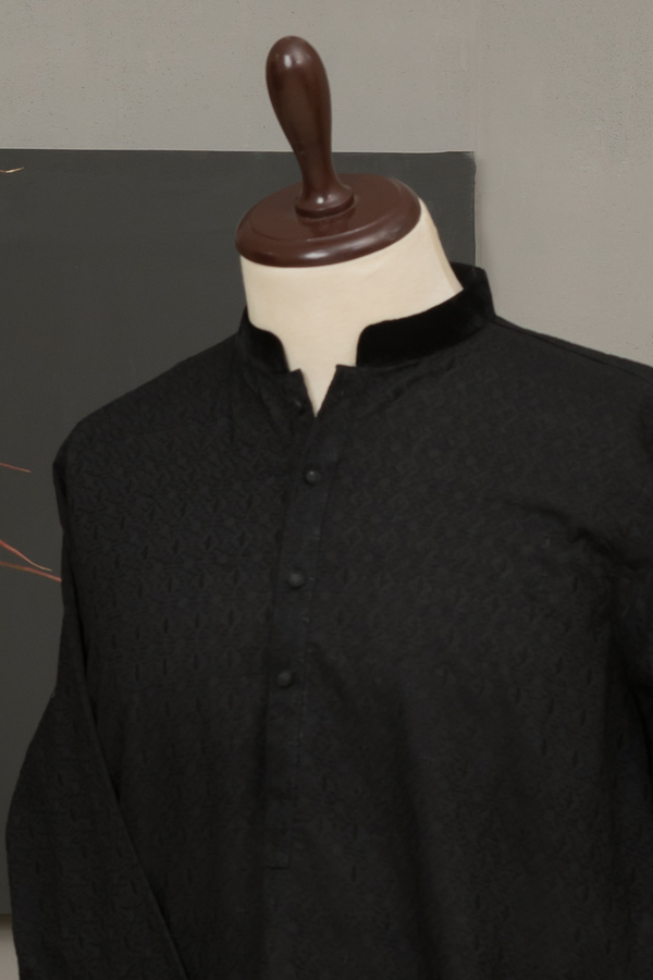 Black Cotton Chikankari Kurta Fabric