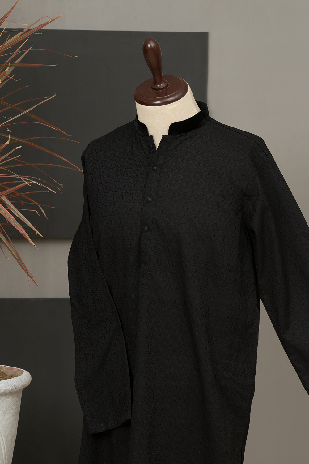 Black Cotton Chikankari Kurta Fabric